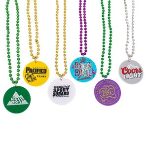 33" 6mm Eco-Friendly PP Ceramic Mardi Gras Beads Necklace with 2.5" Custom Printed Medallion Promotional <b>Party</b> Bulk Supply - Product Image 5