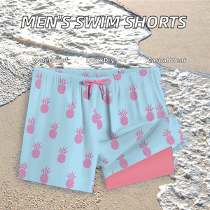 Mens Woven Solid <b>Mid</b> Waist Double <b>Layer</b> Swim Trunks Board Shorts with Compression Waterproof Quick Dry Beach Casual - Product Image 2