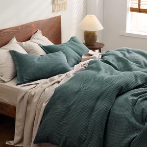 100% Cotton <strong>Waffle</strong> Weave Green <strong>Duvet</strong> <strong>Cover</strong> Set King Size Soft and Breathable <strong>Duvet</strong> <strong>Cover</strong> for All Season - Product Image 4
