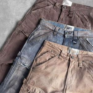 Pantalon en jean ample et délavé pour homme, 100 % coton, coupe ample, style double genou, lavage sale - Product Image 4