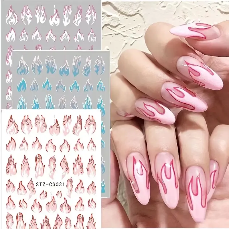 Custom Nail Stickers Spring Summer Flame Art Adhesive Decorative 3D Nail Sticker Plastic 3D Holographic Nail Design