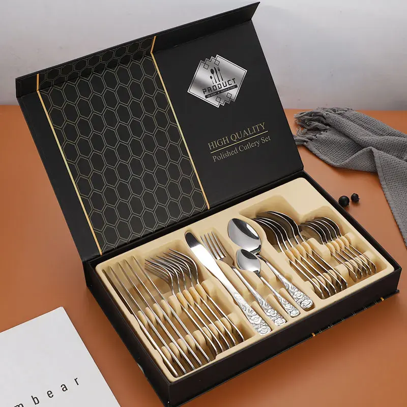 Steel Tableware 24 Piece Flatware Set Knife Fork Set Spoon Teaspoon Cutlery Set Gift Box Modern Popular Product 1010 All
