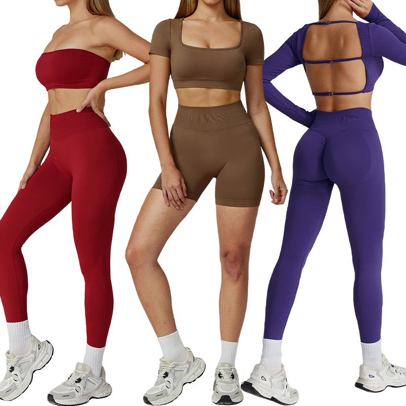 TZ7026 Women Seamless Comfortable Two Pieces Tracksuit Set Shorts/Long Sleeve Top With High Waist Leggings/Shorts Yoga Set