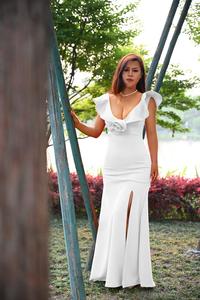 Nouveauté <span class=keywords><strong>Robe</strong></span> de Soirée Chic en Gros Volants Col V Sans Manches Fendue Longue Élégante avec Motifs Floraux - Product Image 4