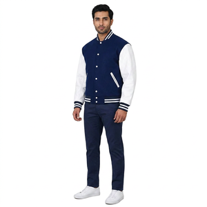 Low MOQ Casual Wear Wholesale Trending Custom Varsity <b>Jacket</b> <b>Mens</b> Winter Coats 100% Cotton Breathable Blue and <b>White</b> - Product Image 1