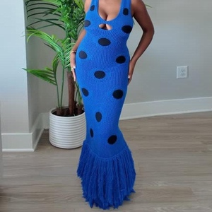 เดรสถักคอวีแขนกุดเซ็กซี่ของผู้หญิงใหม่แฟชั่นพิมพ์ลายจุดแต่งพู่ - Product Image 3