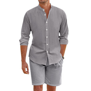 Conjunto de Camisa y Pantalones Cortos de Lino para Hombre, Estilo Americano, Transpirable, Informal, de Manga Larga, para Playa, en Blanco, Negro y Caqui - Product Image 5