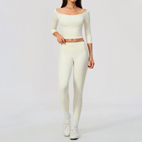 Ensemble de yoga 2 pièces pour femme, haut court à épaules dénudées et manches 3/4, leggings taille haute, logo personnalisé, tenue de sport, survêtement OEM