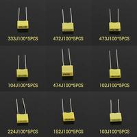 50PCS 102J~474J 100V Capacitor Assorted Kit Polypropylene Film Capacitor Kit 102J 152J 332J 472J 103J 333J 473J 104J 224J 474J