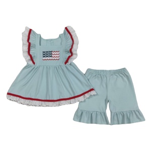 GSSO2926 RTS Venta al por Mayor Conjunto de Ropa de Verano para Niña Pequeña con Bordado de la Bandera del 4 de Julio, Manga Corta - Product Image 1