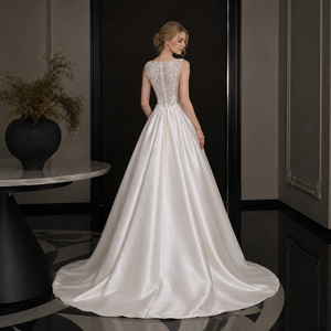 Vestido de Novia de Línea A con Cuello Barco, Cintura Radiante con Cuentas de Cristal, Satén Pesado, Tallas Grandes, Vestido Nupcial Personalizado, Venta al por Mayor de Fábrica - Product Image 3