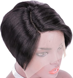 Perruque de cheveux humains vierges brésiliens noirs naturels, courts, coupe Pixie, cheveux raides, bonnet avant en dentelle, style <span class=keywords><strong>afro</strong></span> pour femmes de petite taille