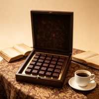 Boîte à chocolat en bois foncé avec motif découpé au laser arabe, doublure en velours doux, logo personnalisé pour le rangement et la présentation de dattes et de chocolats de luxe