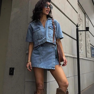 Ensemble en jean pour femme, bleu clair, haut à manches courtes, jupe taille haute, style décontracté, street fashionista, tailles S, M, L, XL - Product Image 2
