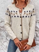 Damen Gemütliche Cremefarbene Fair Isle Geometrische Strickjacke, Kontrastbesatz Knopfleiste Rundhals-Strickpullover mit Geripptem Saum, OEM/ODM