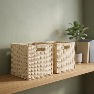 Handmade Woven Wicker Storage Baskets Rectangle <b>Rustic</b> Style for Living Room Neatening 2 Pack - Product Image 2