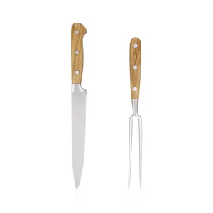 Conjunto de faca de cozinha com cabo de madeira, lâmina ultra afiada de 8 polegadas e garfo com cabo de madeira de azeitona
