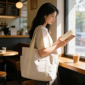 Eco Friendly Beige <b>Canvas</b> Tote Bag Spacious Multi Pocket Cotton Handbag Durable Straps Daily Shopping Work Commutes <b>Beach</b> Trips - Product Image 1