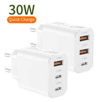 Cargador USB de 30W con 3 Puertos (2C1A 2A1C) con Carga Rápida PD, Enchufe Europeo, Adaptador de Corriente para Teléfono Inteligente, Tableta y Auriculares