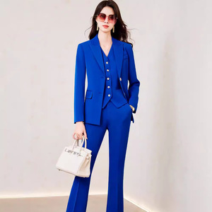 Women's Blue Three Piece Suit Set With Vest Solid Color Anti-Wrinkle Polyester Fabric Casual Professional Elegant Spring Autumn - Product Image 4