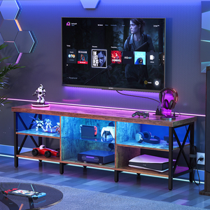 Soporte <span class=keywords><strong>de</strong></span> TV LED industrial moderno para televisores <span class=keywords><strong>de</strong></span> hasta 65 pulgadas, consola <span class=keywords><strong>de</strong></span> Panel <span class=keywords><strong>de</strong></span> madera y Metal resistente con estantes abiertos para sala multimedia en el hogar - Product Image 4