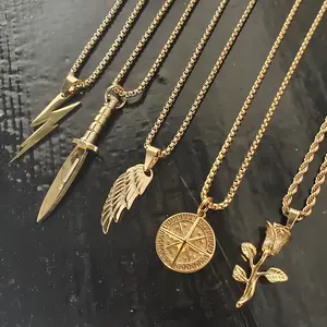 <span class=keywords><strong>Collana</strong></span> con Ciondolo VAF da 24 Pollici in Acciaio Inossidabile 316L, Collezione <span class=keywords><strong>Oro</strong></span>, con Pugnale, Fulmine, Ali, Bussola e <span class=keywords><strong>Rosa</strong></span>, a Forma di Fiore - Product Image 1