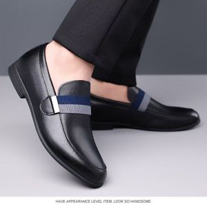 Mocassins en cuir pour hommes à bout rond, semelle extérieure en caoutchouc, tendance automne, décorés de bandes, chaussures décontractées - Product Image 4
