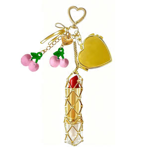 Porte-clés personnalisable en acier inoxydable avec pochette en filet métallique pour rouge à lèvres, motif <span class=keywords><strong>cerise</strong></span>, miroir étoile et cœur, pour femme, pour baume à lèvres - Product Image 3