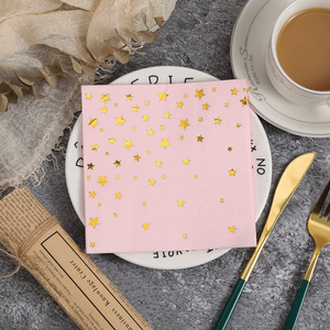 Disposable Gold Star Printed Square Paper Napkins 250mm Pink For Birthday Parties And Events - Product Image 1