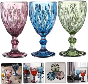 Vintage Glass Goblets Bulk 8 Oz Multi Colored Stemware Wine Glasses Crystal Stemmed Drinking Glasses Cups Diamond Pattern Glass