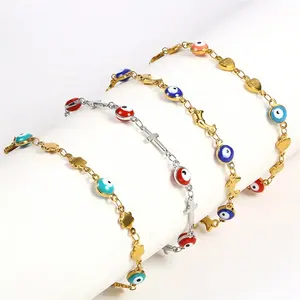 Fashion Hot Selling Jewelry Heart Cross 18k Gold Plated Stainless Steel Bracelet Colorful Evil Eyes Adjustable Bracelets Gift
