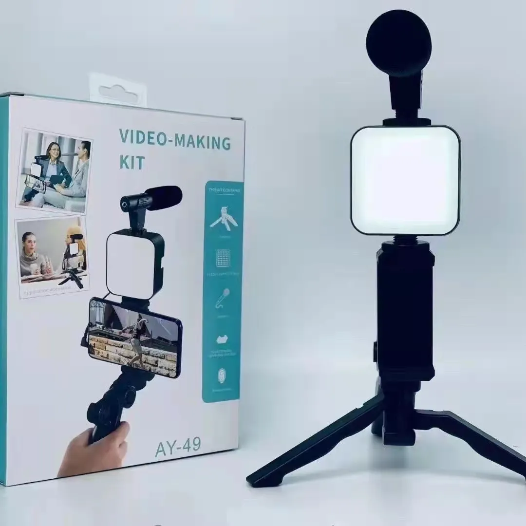 AY-49 Phone Vlog Tripod Vlogging Kits Live Selfie Fill Light Integration with Remote Control Microphone LED Light