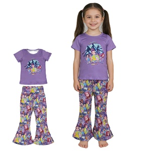 Conjunto de Ropa para Niña al por Mayor, Estilo Casual de Primavera/Otoño, Camiseta de Algodón y Spandex con Estampado de Dibujos Animados Kpop, Pantalones Acampanados, 2 Piezas - Product Image 1