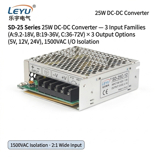 LEYU SD-25 Series 25W Isolated DC-DC Converter 36-72V Input to 12V 5A Output Industrial Railway Grade PSU