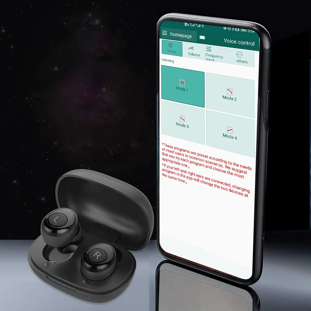 Alat bantu dengar kontrol aplikasi digital, bantuan dapat diisi ulang, alat bantu dengar dapat diisi ulang, seperti earbud dan headphone