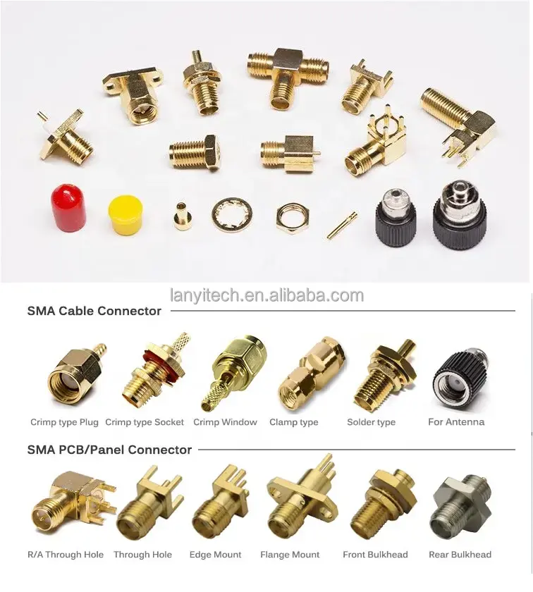 ตัวเชื่อมต่อ SMA สำหรับแผง PCB ตัวเมียตัวเมียตัวเมียตัวเมียตัวเมียตัวเมียตัวเมียตัว RG58โคแอกเซียล RF LMR200อะแดปเตอร์กันน้ำ IP65 IP68กันฝุ่นสำหรับเสาอากาศทีวี