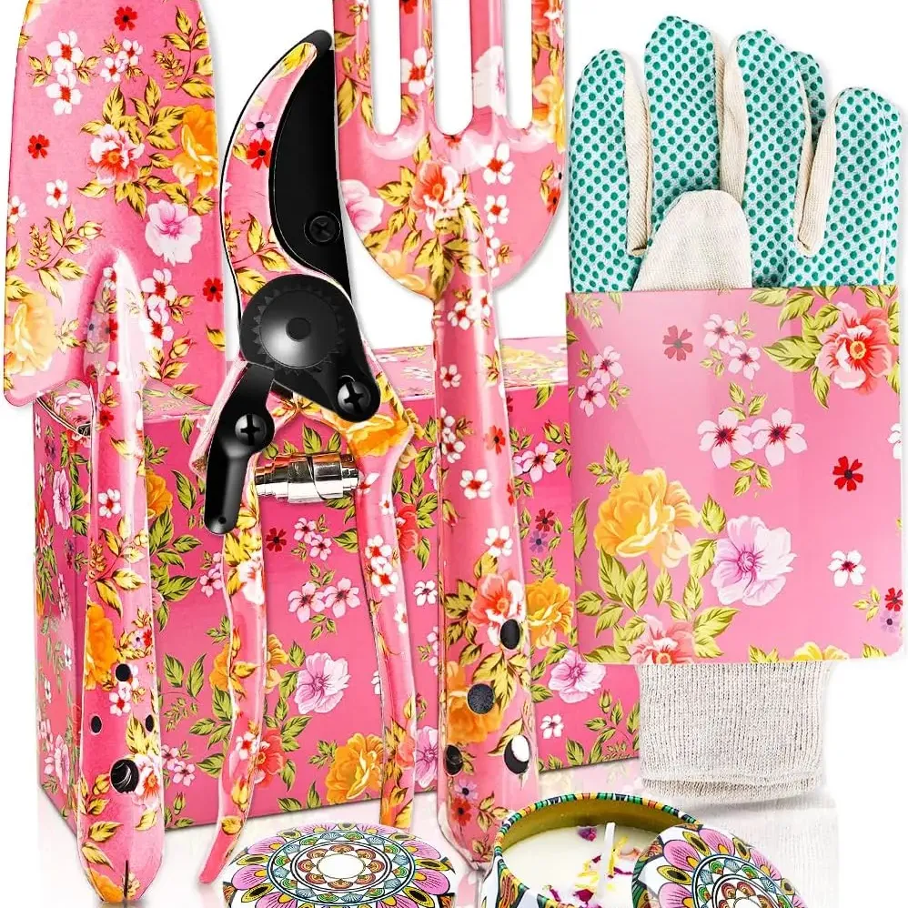 6Pcs Garden Tools Set with Floral Print, Including Trowel, Fork, Scissor, 2 Candles and Gloves, Mother's Day Birthday Gifts for