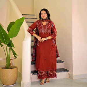 Conjunto de Salwar de Algodón Color Óxido, Largo hasta el Tobillo, con Bordado y Dupatta, Ropa Étnica Tradicional para Mujer, India, Pakistán, Casual, de Secado Rápido - Product Image 1