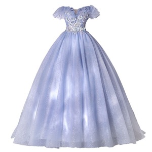 Off The Shoulder Ball Gown Evening Dress Gray Blue Champagne Color Organza Empire Waistline Simple Elegant Design - Product Image 5