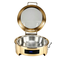 Chauffe-Plats Commercial Circulaire Argenté avec Couvercle Hydraulique Visible, Chauffage Électrique à Température Contrôlée, Écran Complet, 6L