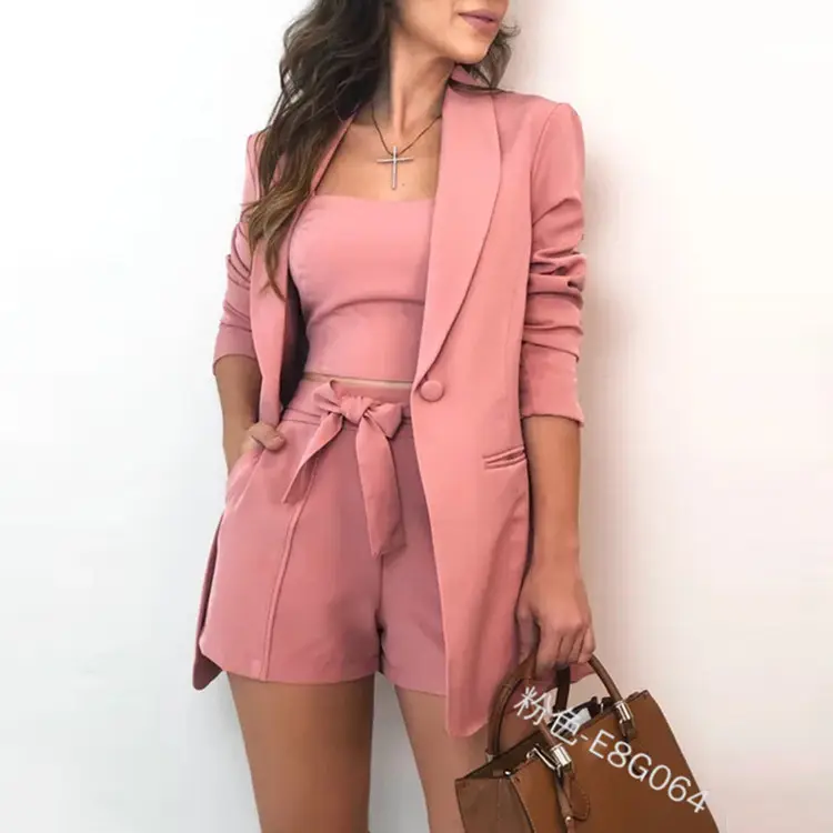 Women's Three Pieces Outfit Long Sleeve Blazers Jacket with Shorts Suit Set Button Down women suits office formal