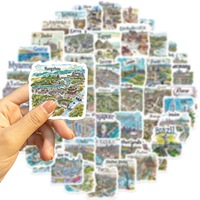 Paquete de 50 Pegatinas de PVC Impermeables con Mapas Turísticos Dibujados a Mano para Niños, para Laptop, Patineta, Maleta, Cuaderno, Taza, Botella de Agua