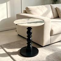 Table d'appoint ronde en marbre naturel avec piétement en bois massif, table d'appoint noire pour salon, chambre, hôtel