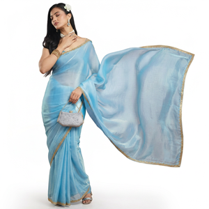 Pearl Bead Embellishment Sequin Georgette Silk Floor-Length Stretchable <b>Sari</b> Unstitched <b>Blouse</b> Wedding Party Saree - Product Image 1