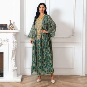 Robe de soirée musulmane noble, élégante et tendance pour femmes, à manches longues, <span class=keywords><strong>en</strong></span> <span class=keywords><strong>maille</strong></span> à volants avec motif floral, longue robe de soirée - Product Image 5
