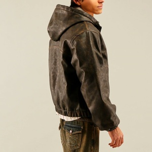 Clothing Custom Vintage Pu Leather <b>Jackets</b> Hoodies for <b>Men</b> Street Wear Heavyweight Oversize Zipper Leather Hoodie Manufacturer - Product Image 4