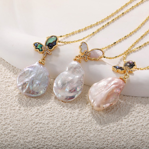 Perhiasan berlapis emas asli keluaran baru kalung bunga mawar bentuk labu kalung liontin mutiara air tawar Barok - Product Image 3