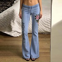 Pantalon évasé taille basse Y2K à motif floral avec cordon de serrage, style rétro vintage grunge bohème, grande taille, coupe régulière, taille élastique, streetwear d'été