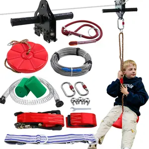 98 FT 110 FT 120 FT Zip-line Kit for kids and adults with Stainless Steel Spring Brake and Seat Trolley with Handle for Backyard