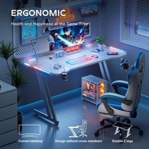 Tavolo da Gaming a Forma di Z in Metallo e PU con Portabicchieri LED RGB Regolabile, Scrivania per Computer Bianca - Product Image 6